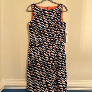 London Times Navy and Orange Geometric Midi Dress